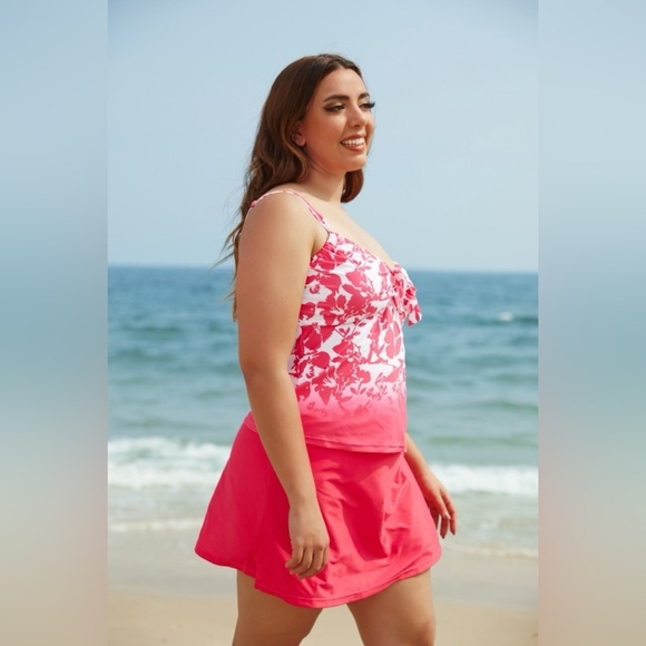 SWIMSUITS FOR ALL Flower Ruched Sweetheart Neckline Side Slit Skirt Tankini Set - Picture 3 of 8